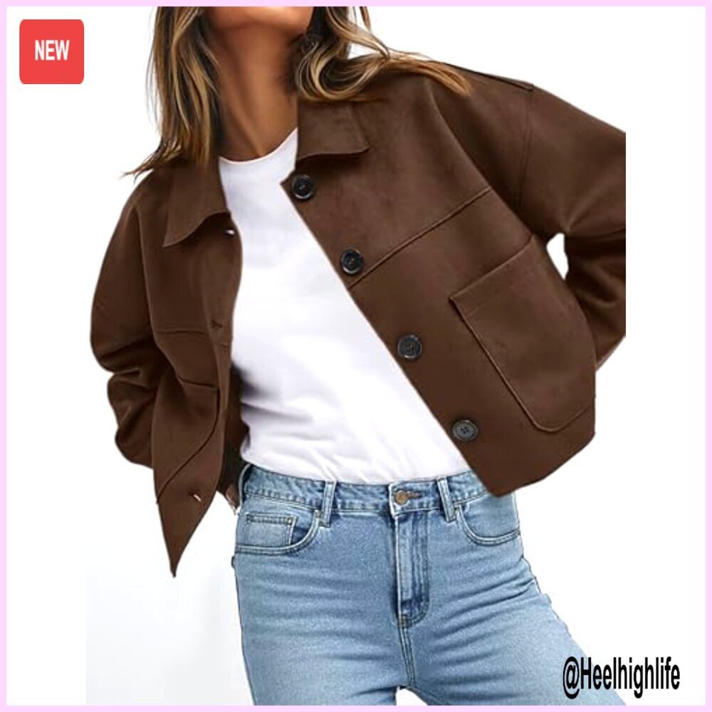 Faux Suede Cropped Jacket, Button Front, Patch Pockets, Lightweight Fall - Picture 4 of 7
